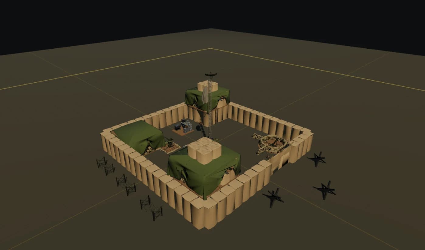 FOB de Crossroads construida en el Constructor de bases de WARDOGS: un complejo fortificado con torres, un búnker y una posición de mortero.