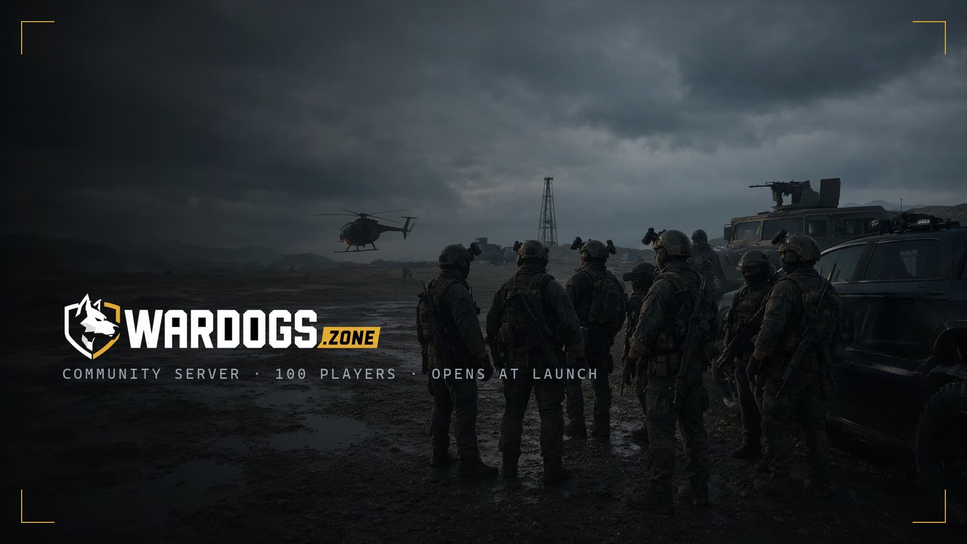 A squad forming up beside a Kodiak and a Humvee at first light, a Little Bird lifting off behind them. Wardogs Zone community server, 100 players, opens at launch.